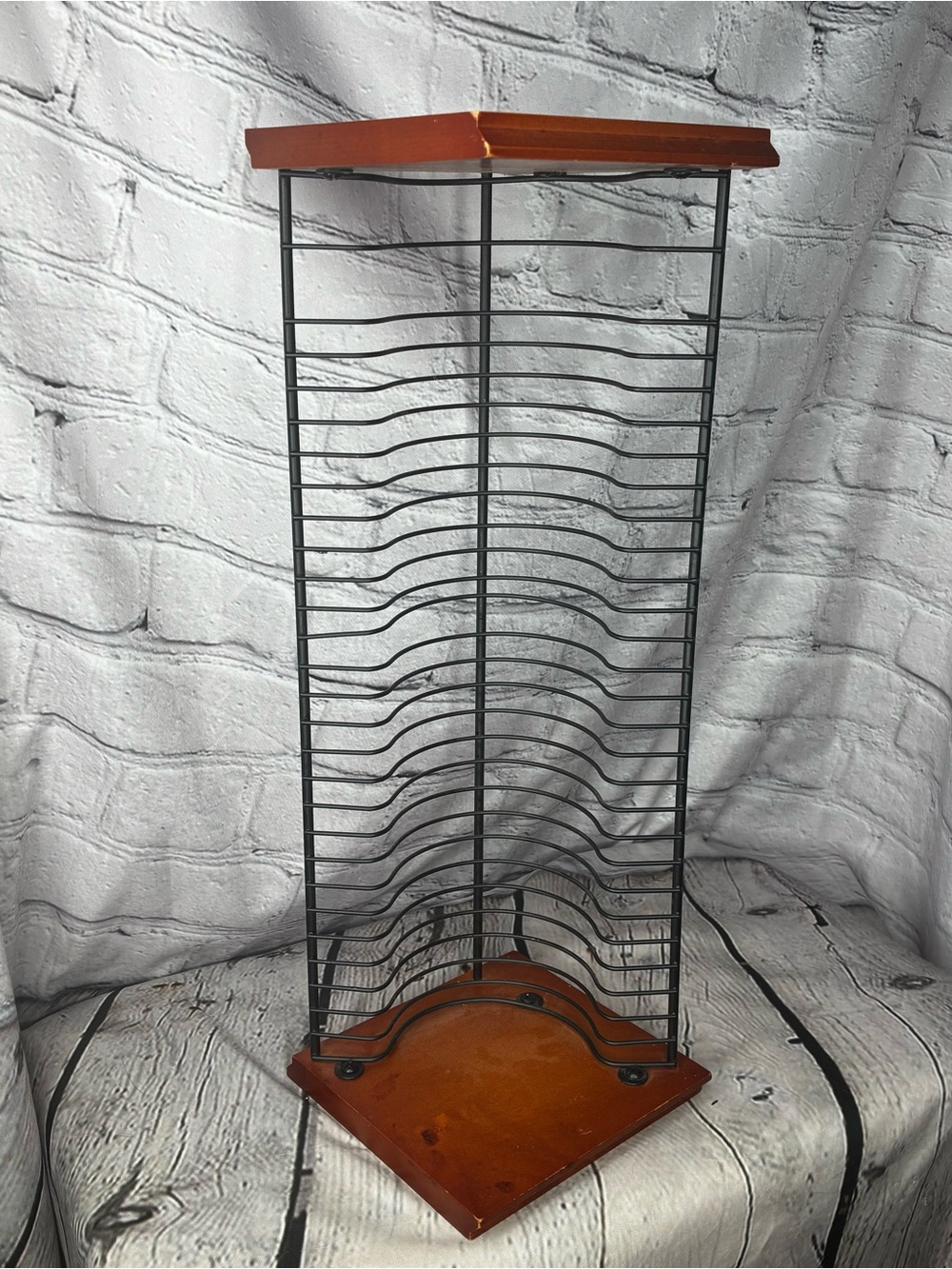 Vtg y2k 18” small wood & wire CD media storage freestanding tower AS IS